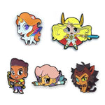 shot of all 5 she-ra chibi enamel pins casting a shadow on a white background
