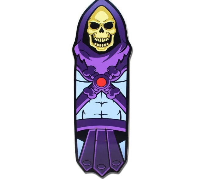 front of the Skeletor skate deck from the masters of the universe collection