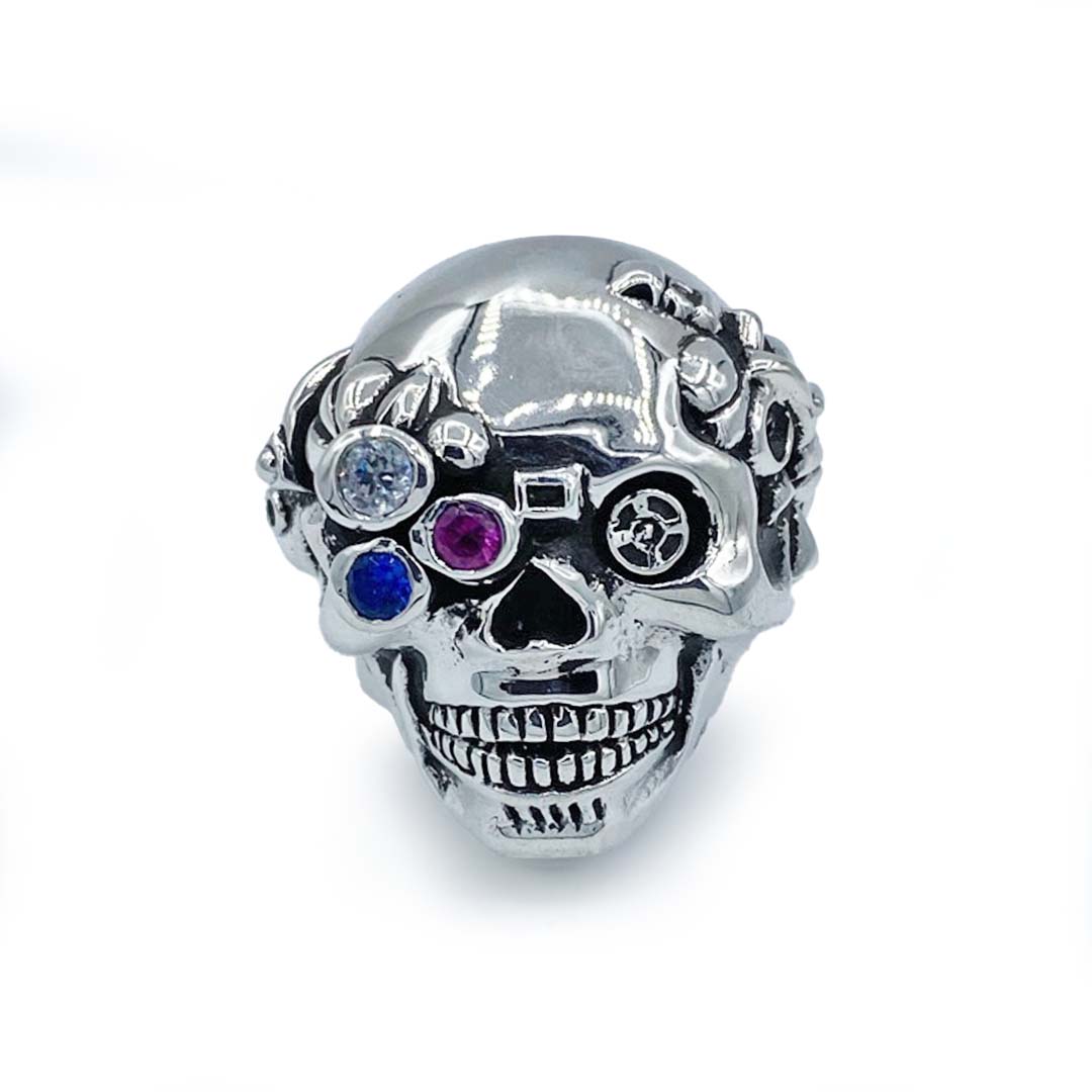 future human skull ring with stone details, cyborg skull ring, unique skull ring