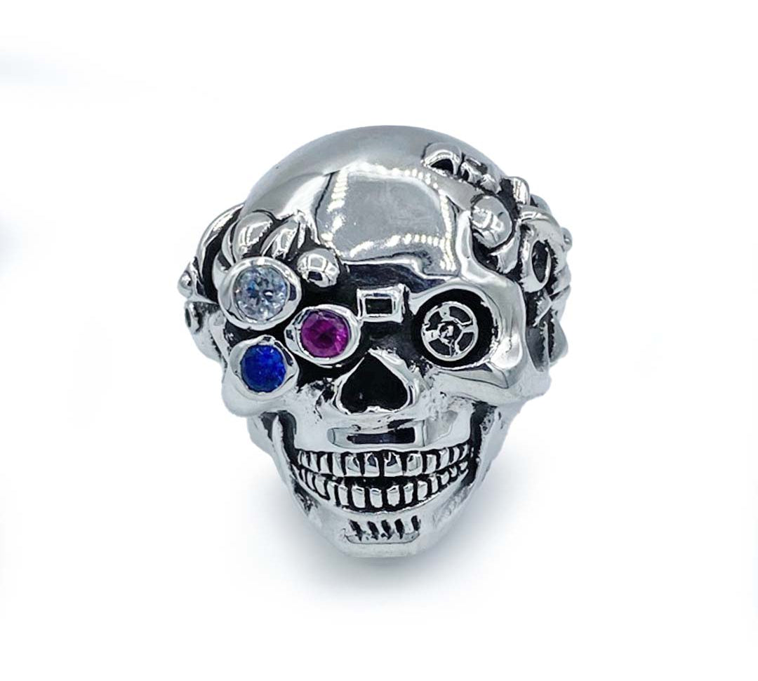 future human skull ring with stone details, cyborg skull ring, unique skull ring