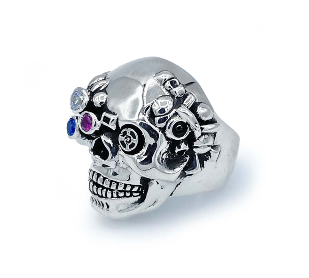 future human skull ring with stone details, cyborg skull ring, unique skull ring