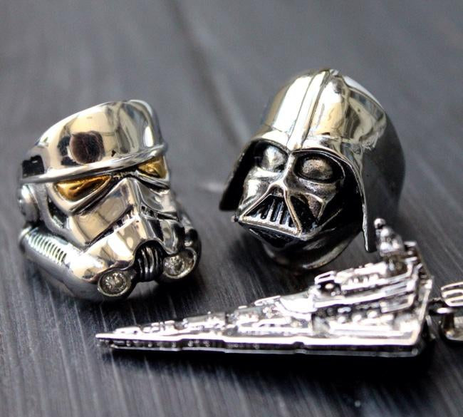 shot of the stormtrooper & darth vader rings with the star destroyer pendant