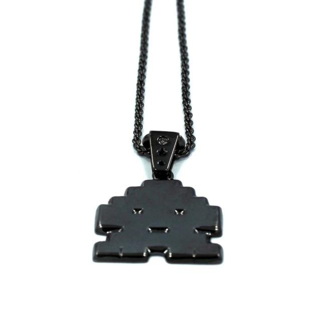 up close view of the Stoney invader pendant in gunmetal on a white background