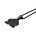 right angled view of the Stoney invader pendant in gunmetal on a white background