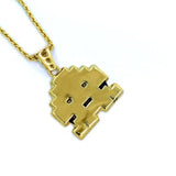 left angled view of the Stoney invader pendant in gold on a white background