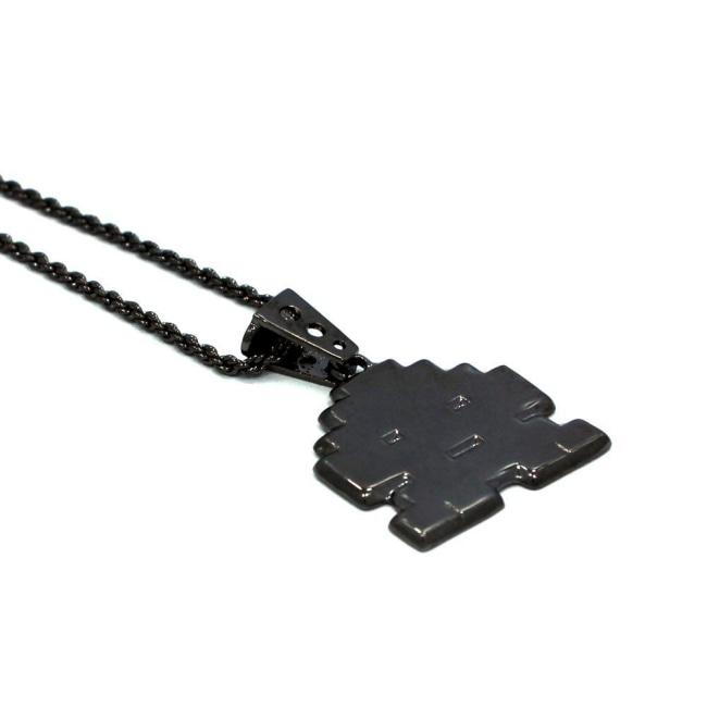 left angled view of the Stoney invader pendant in gunmetal on a white background