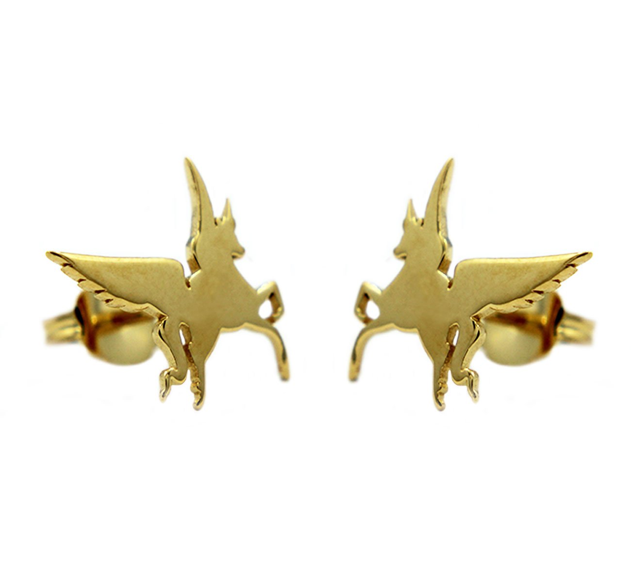 shot of the gold swiftwind stud earrings facing in casting a shadow on a white background