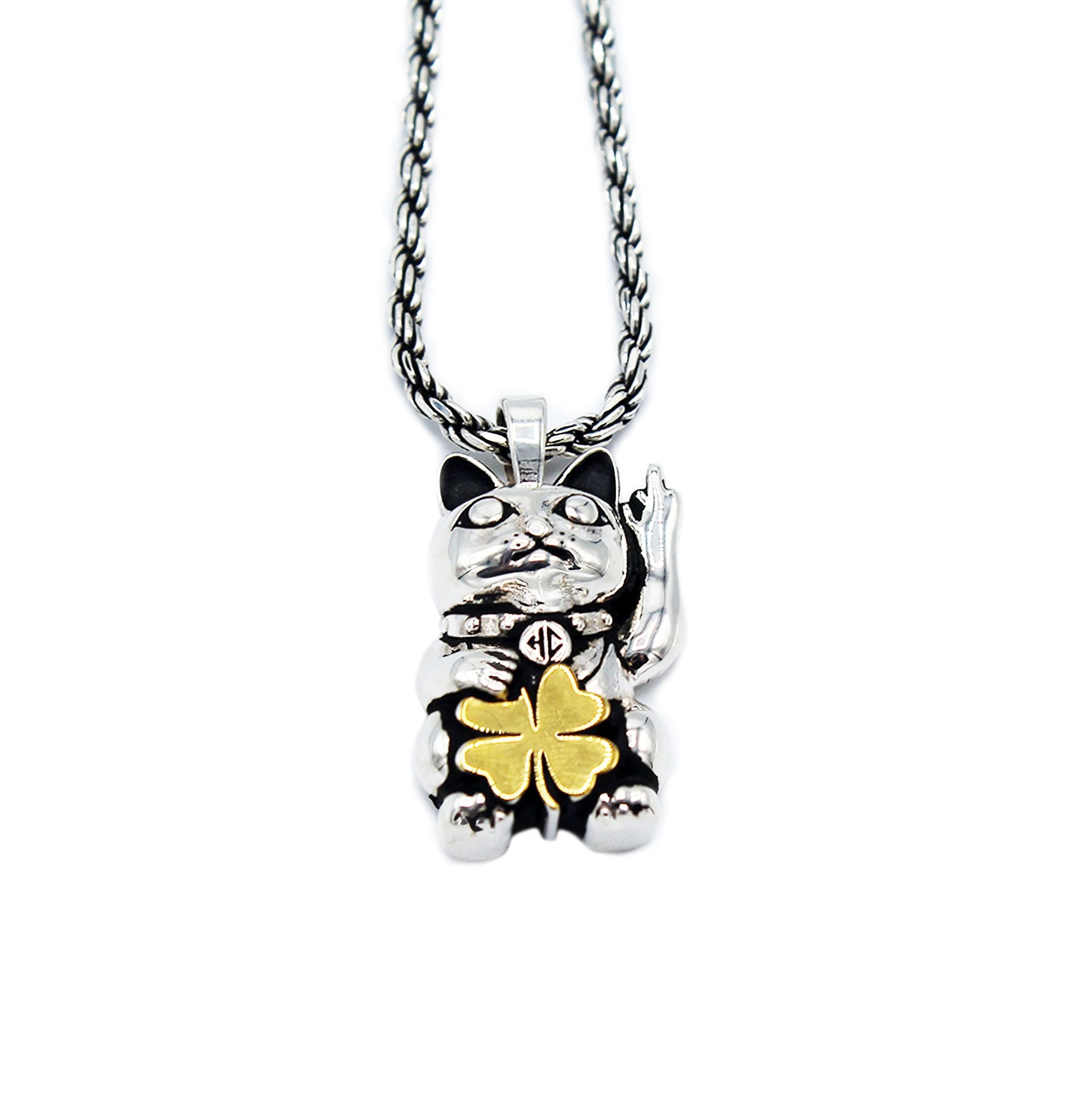 two tone unlucky cat necklace with cat having middle finger and holding gold clover