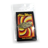 front of the Van Damn Enamel Pin in gold packaged from the han cholo cruising collection