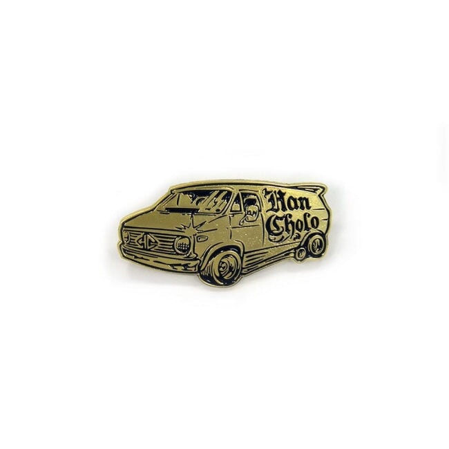 front of the Van Damn Enamel Pin in gold from the han cholo cruising collection